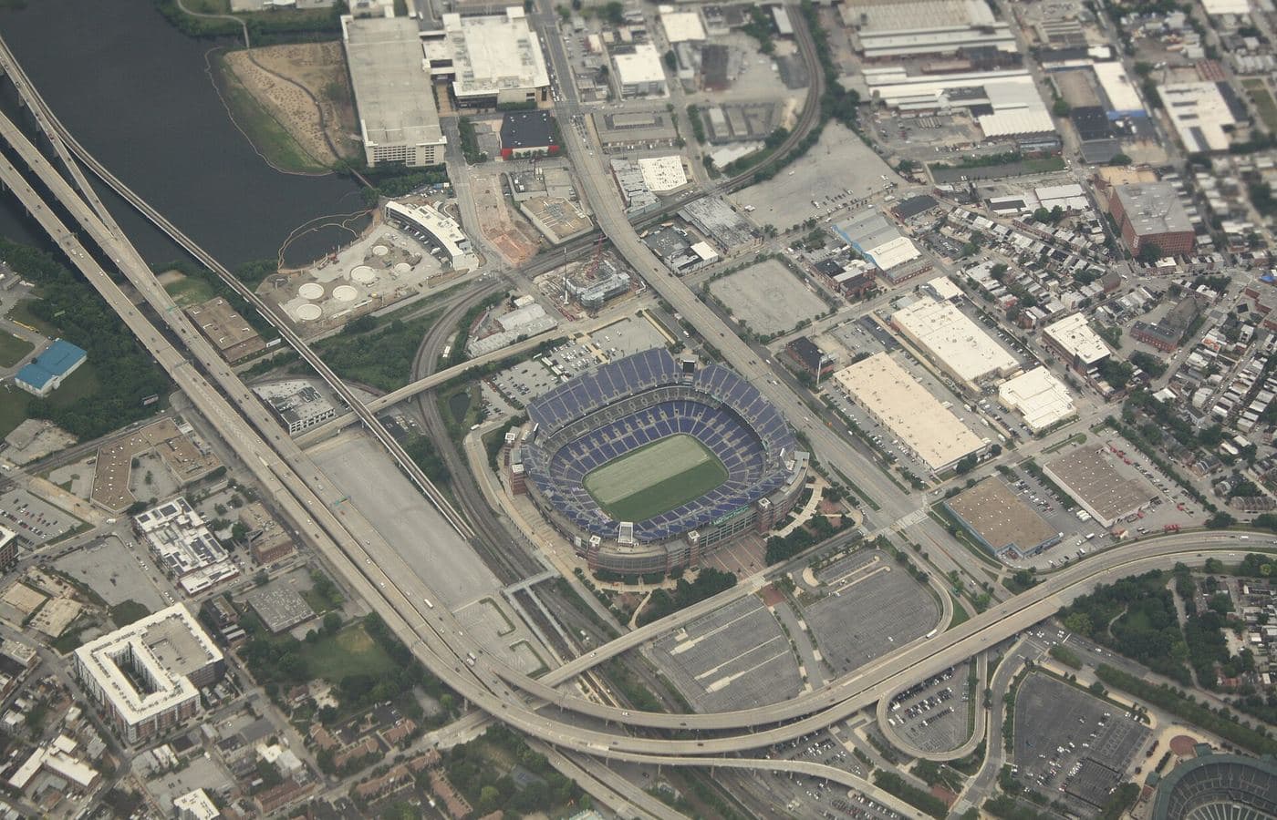 Aerial view of M&T Bank Stadium in Baltimore, looking southwest, with part of Camden Yards in the corner