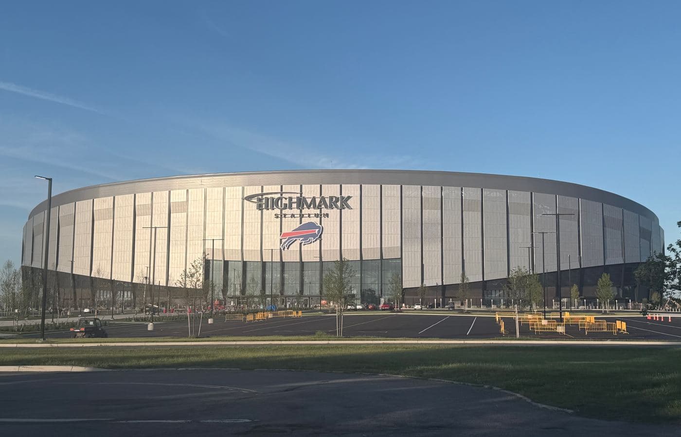 Highmark Stadium’s west facade in Orchard Park under a clear sky