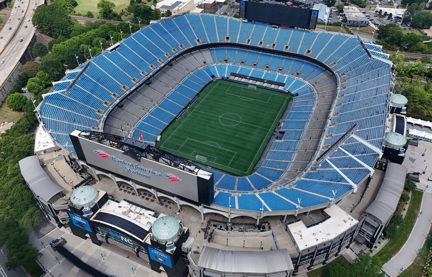Aerial view of Bank of America Stadium in uptown Charlotte