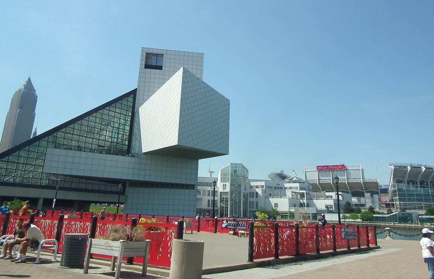 The Rock & Roll Hall of Fame on Cleveland’s lakefront, with the Browns’ stadium behind it