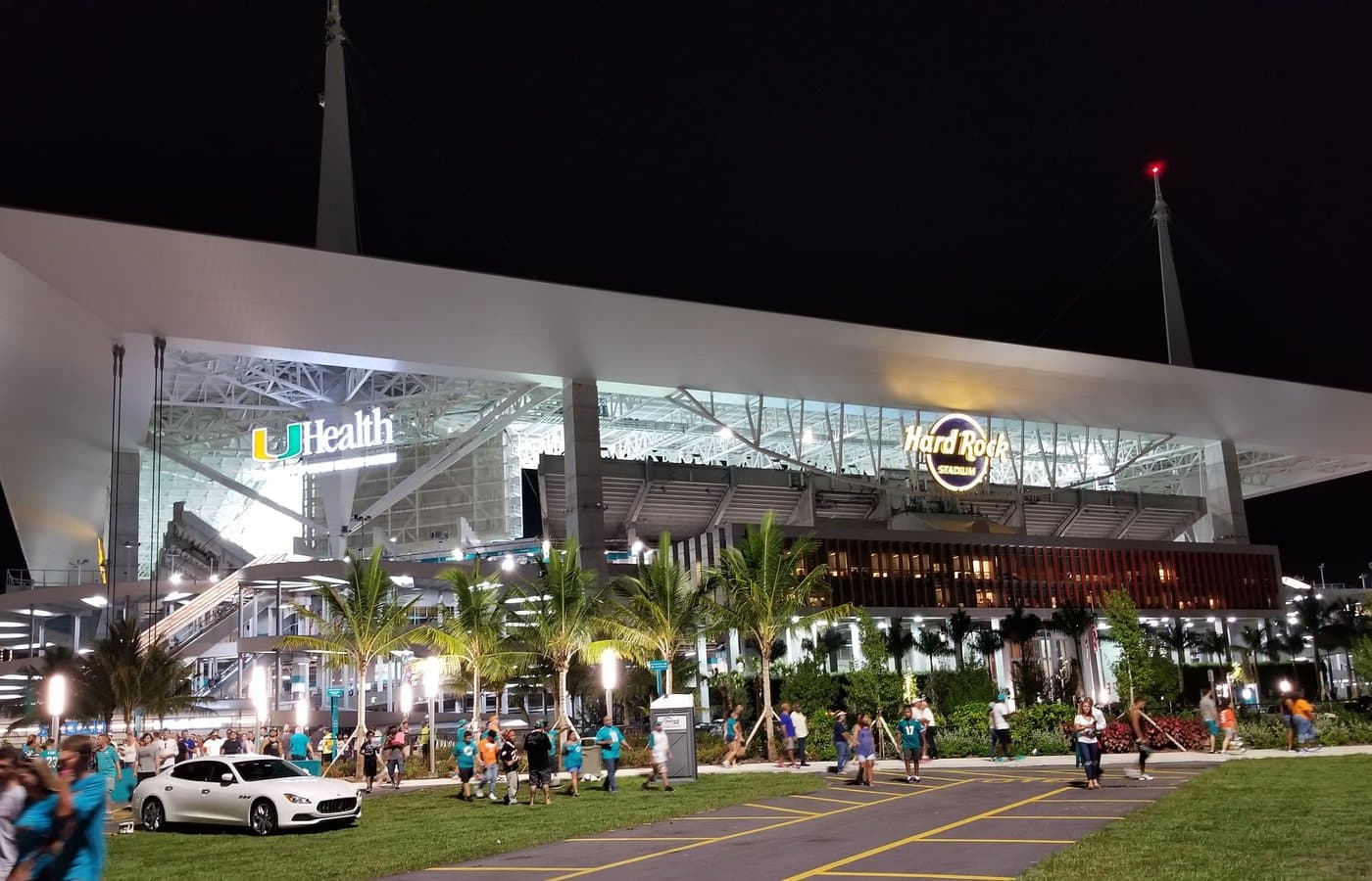 Hard Rock Stadium exterior at night in Miami Gardens