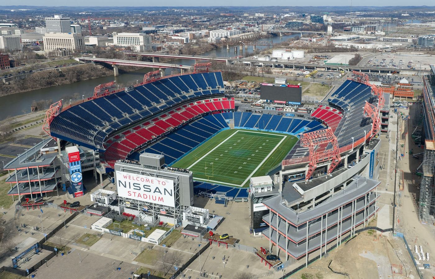 Aerial view of Nissan Stadium beside the Cumberland River in Nashville