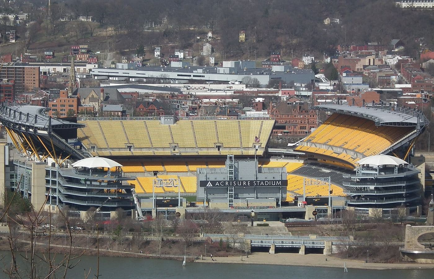Acrisure Stadium’s yellow seats and North Shore riverfront, seen from Mount Washington